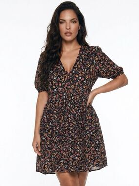 PATRONS OF PEACE | Black Floral V-Neck Tie Back Babydoll Dress Women’s Size M
